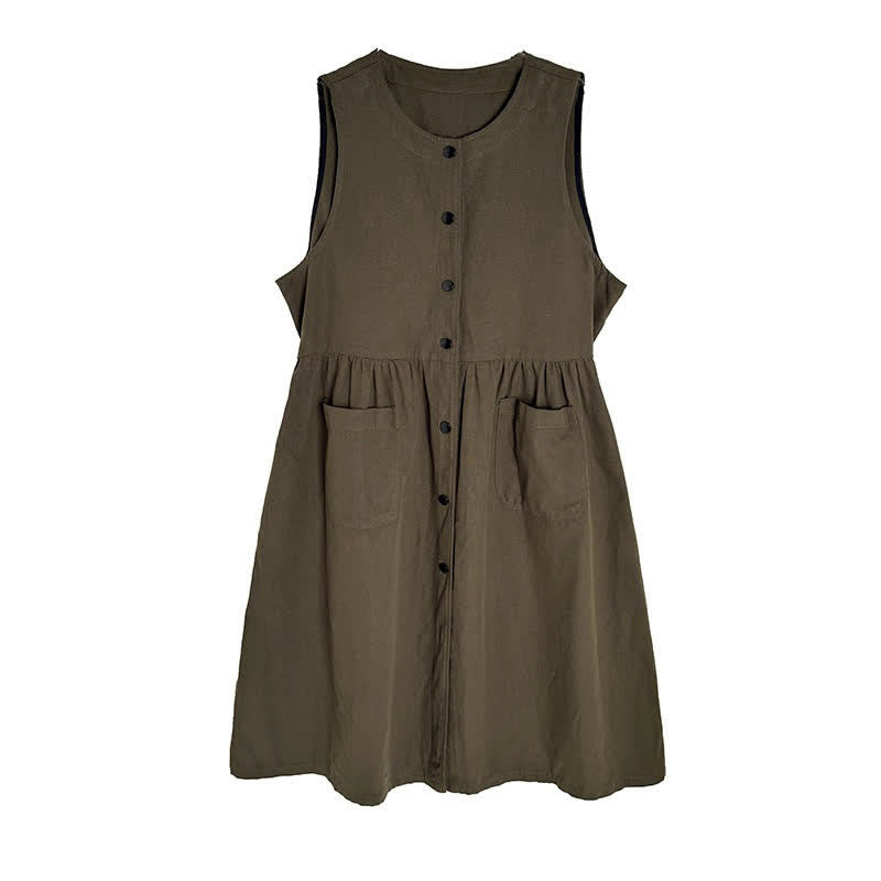 Buddha Stones Vestido de verano informal minimalista de verano para mujer, sin mangas, con botones y bolsillo. - image 11
