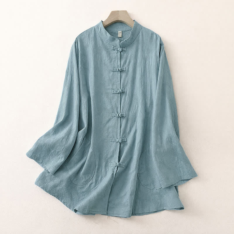 Buddha Stones Camisas de manga larga para mujer de estilo casual Tang con cuello mandarín y botones de rana, ideales para primavera y otoño. - Azul claro - US8-10, UK/AU12-14, EU40-42 (2XL) - image 0