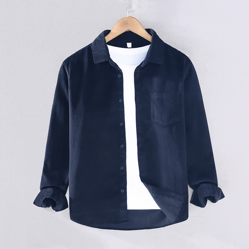 Buddha Stones Camisas de manga larga de algodón liso para hombre, estilo casual de otoño/invierno, con bolsillo de parche. - Azul medianoche - US/UK/AU44, EU54 (4XL) - image 1