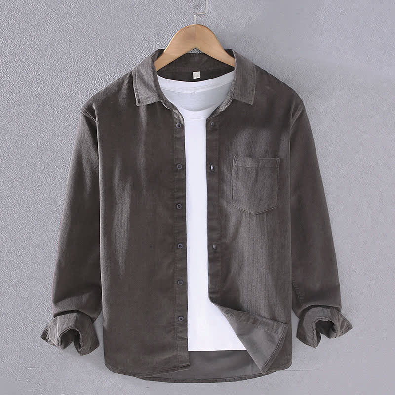 Buddha Stones Camisas de manga larga de algodón liso para hombre, estilo casual de otoño/invierno, con bolsillo de parche. - Gris oscuro - US/UK/AU44, EU54 (4XL) - image 4