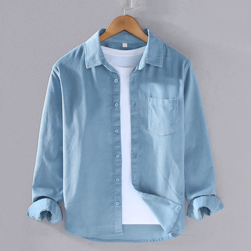 Buddha Stones Camisas de manga larga de algodón liso para hombre, estilo casual de otoño/invierno, con bolsillo de parche. - Azul acero claro - US/UK/AU44, EU54 (4XL) - image 7