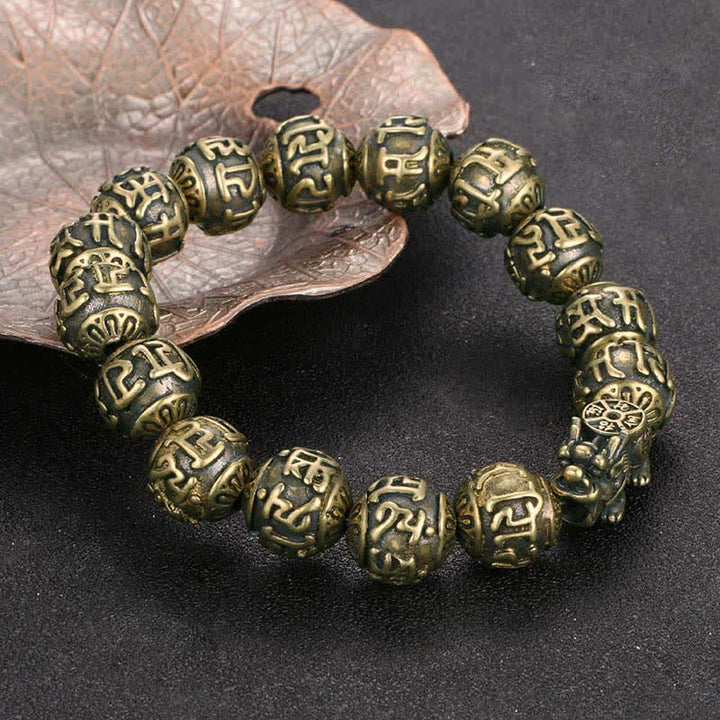 Buddha Stones Pulsera de la riqueza Pi Xiu Om Mani Padme Hum de latón antiguo - image 2