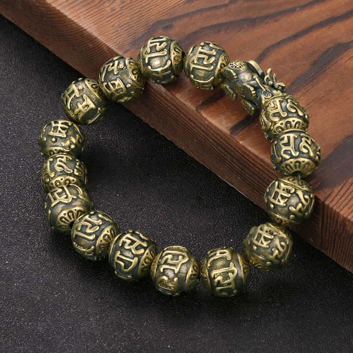 Buddha Stones Pulsera de la riqueza Pi Xiu Om Mani Padme Hum de latón antiguo - image 1