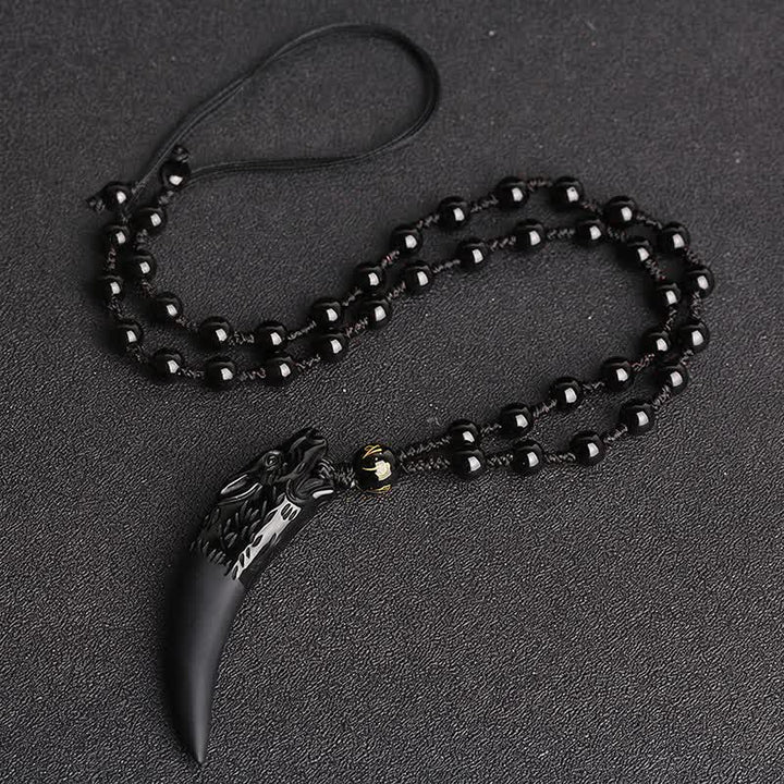 Colgante de collar con diseño de diente de lobo, obsidiana de hielo Natural, Buddha Stones - Cadena de cuentas negras y obsidiana hielo de 63*14 mm - image 1
