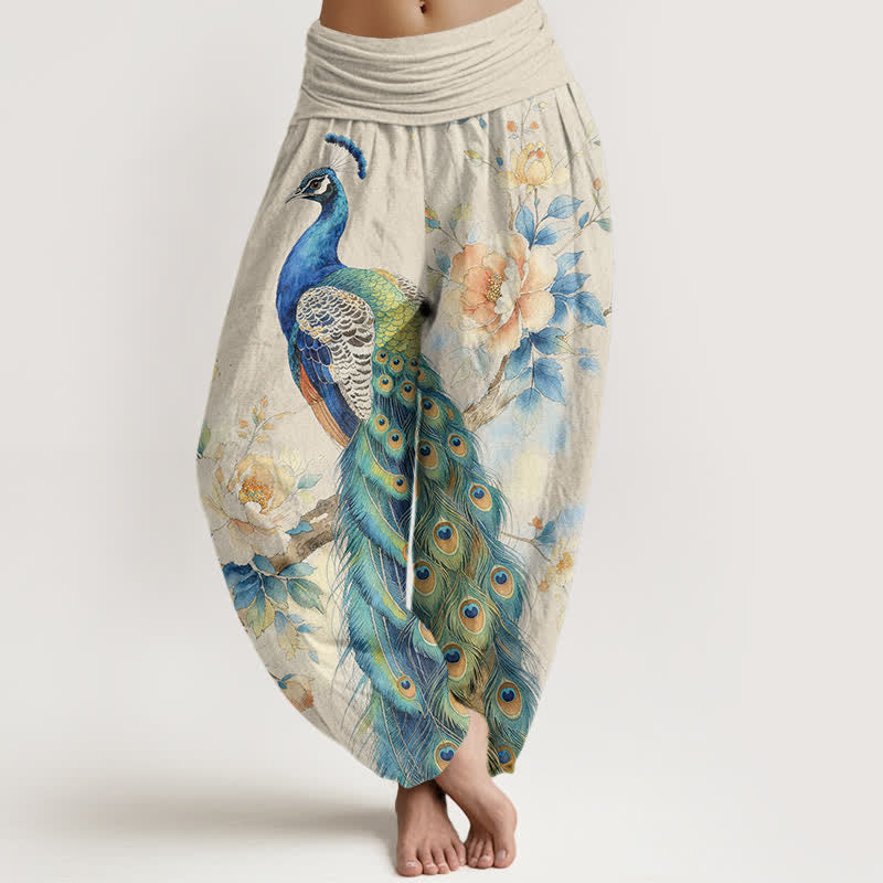 Buddha Stones Pantalones harem de algodón con estampado floral de pavo real y cintura elástica para mujer. - Marfil - US16，UK/AU20，EU48 (3XL) - image 0