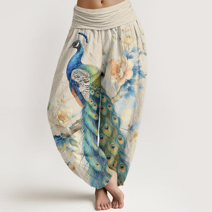 Buddha Stones Pantalones harem de algodón con estampado floral de pavo real y cintura elástica para mujer. - Marfil - US16，UK/AU20，EU48 (3XL) - image 0