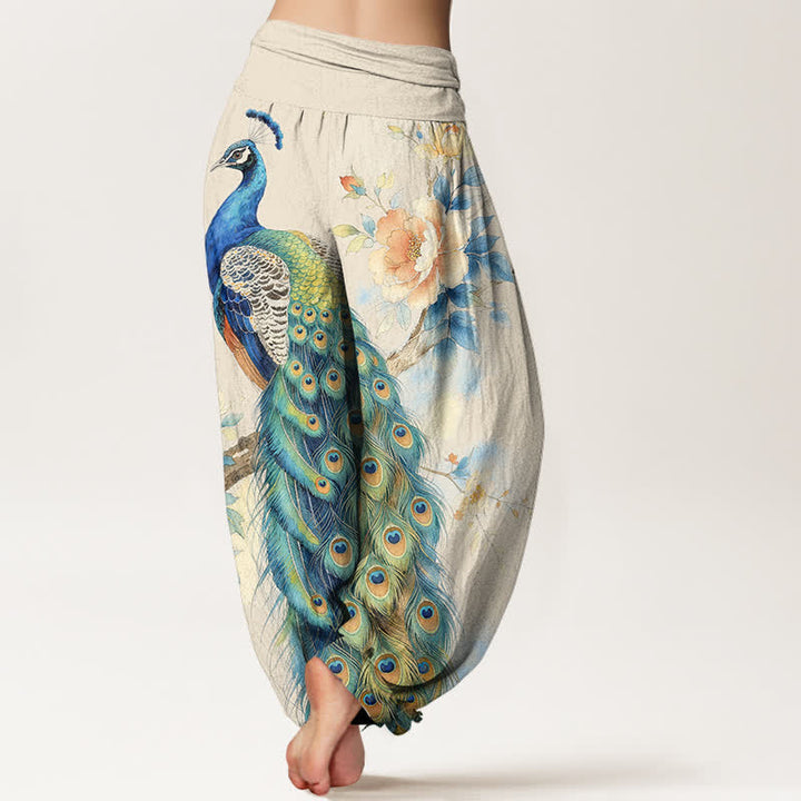 Buddha Stones Pantalones harem de algodón con estampado floral de pavo real y cintura elástica para mujer. - image 2