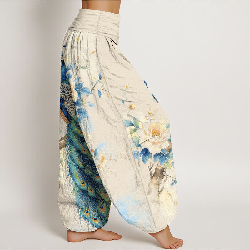 Buddha Stones Pantalones harem de algodón con estampado floral de pavo real y cintura elástica para mujer. - image 1