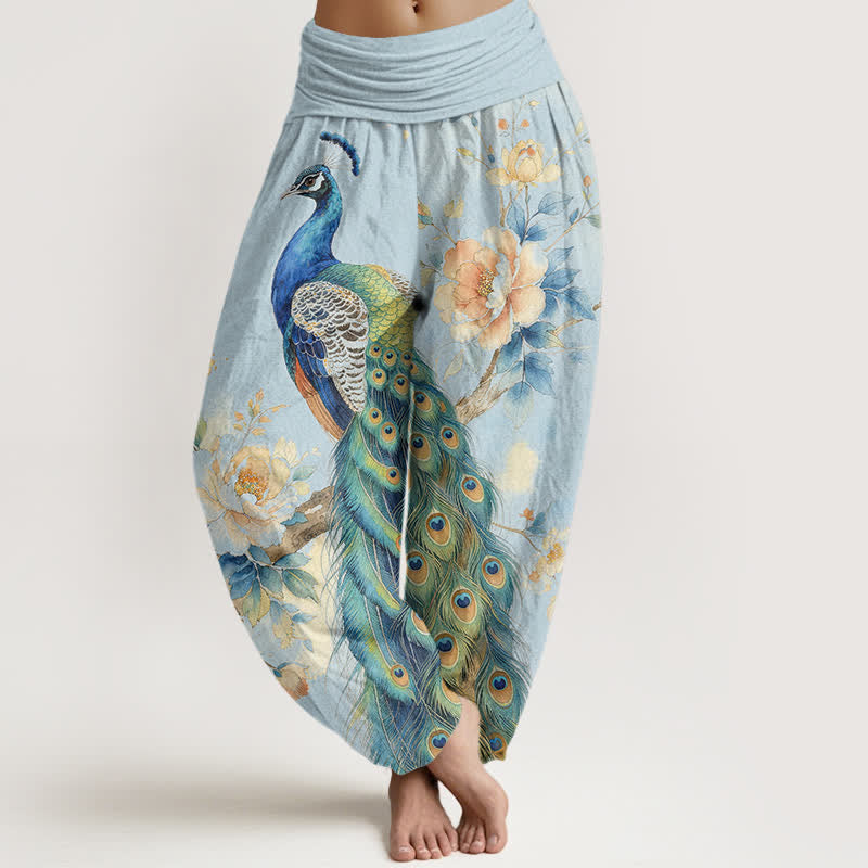 Buddha Stones Pantalones harem de algodón con estampado floral de pavo real y cintura elástica para mujer. - Azul claro - US16，UK/AU20，EU48 (3XL) - image 5
