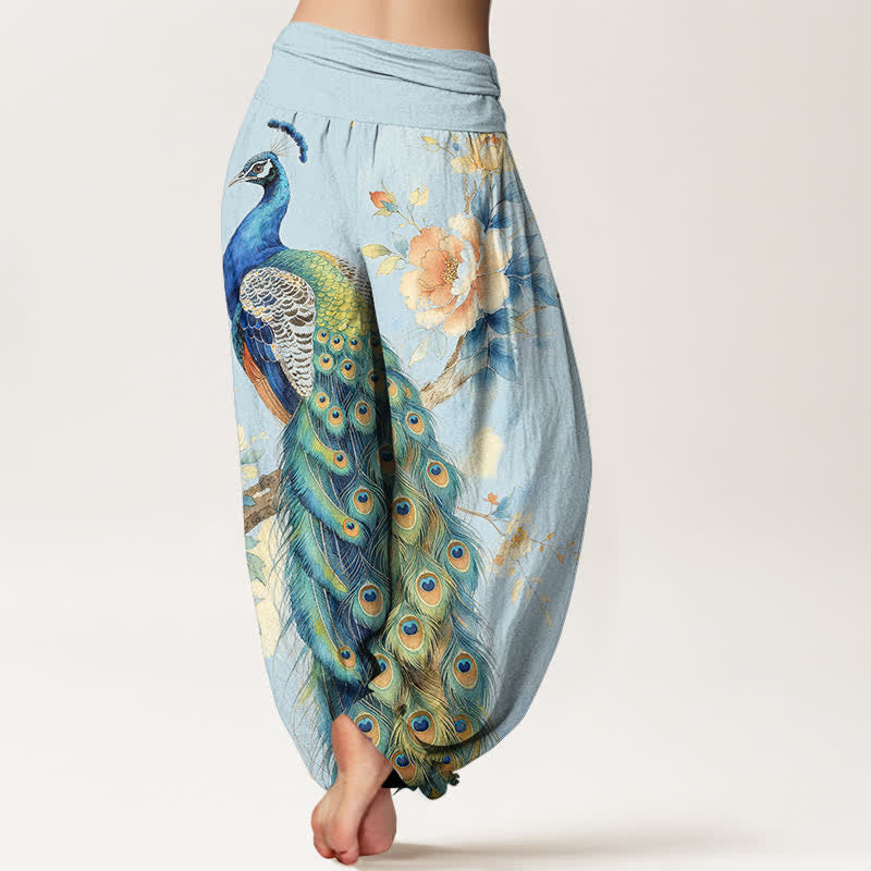 Buddha Stones Pantalones harem de algodón con estampado floral de pavo real y cintura elástica para mujer. - image 7