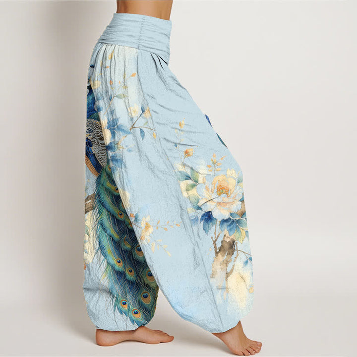 Buddha Stones Pantalones harem de algodón con estampado floral de pavo real y cintura elástica para mujer. - image 6