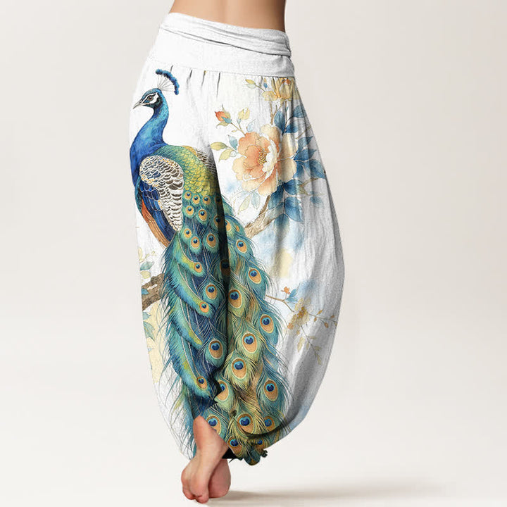Buddha Stones Pantalones harem de algodón con estampado floral de pavo real y cintura elástica para mujer. - image 10
