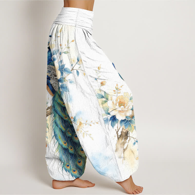 Buddha Stones Pantalones harem de algodón con estampado floral de pavo real y cintura elástica para mujer. - image 9