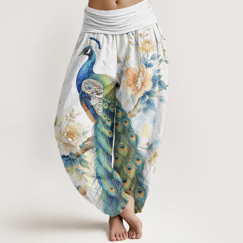 Buddha Stones Pantalones harem de algodón con estampado floral de pavo real y cintura elástica para mujer. - Blanco - US16，UK/AU20，EU48 (3XL) - image 8