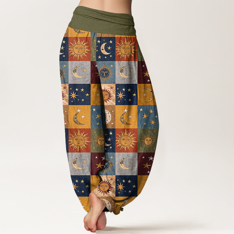 Buddha Stones Pantalones harem de algodón con estampado de retazos de sol y luna para mujer con cintura elástica. - image 2