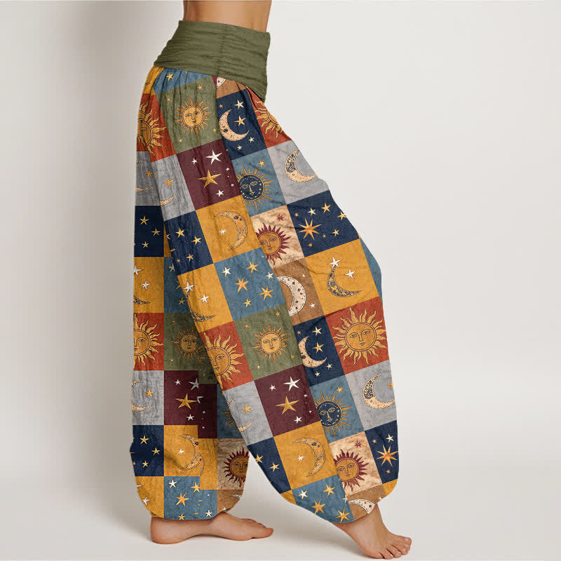 Buddha Stones Pantalones harem de algodón con estampado de retazos de sol y luna para mujer con cintura elástica. - image 1
