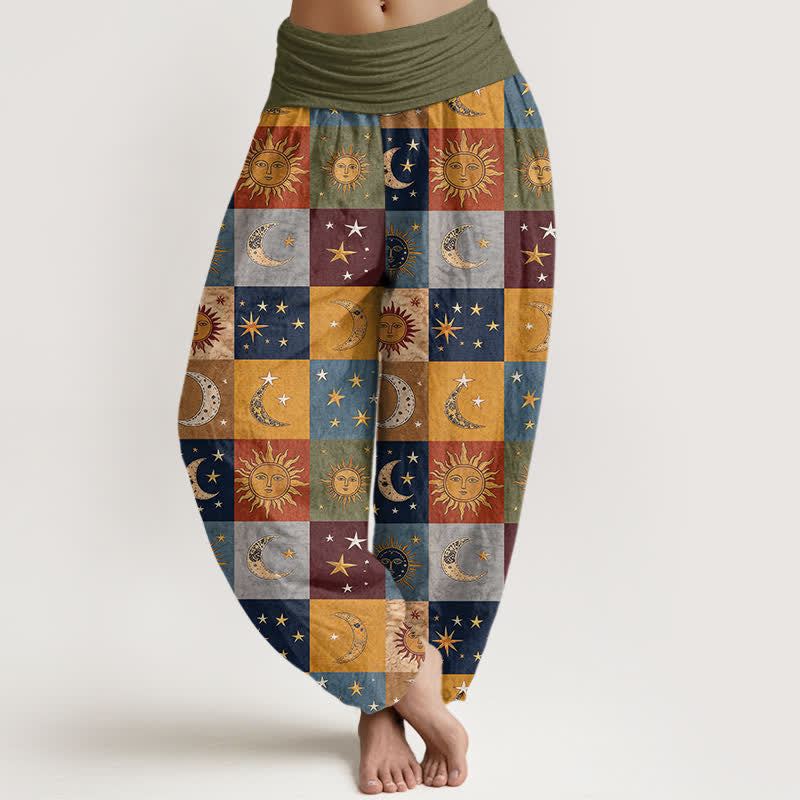 Buddha Stones Pantalones harem de algodón con estampado de retazos de sol y luna para mujer con cintura elástica. - Aceituna - US16，UK/AU20，EU48 (3XL) - image 0