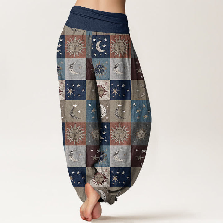 Buddha Stones Pantalones harem de algodón con estampado de retazos de sol y luna para mujer con cintura elástica. - image 7