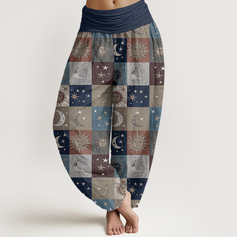 Buddha Stones Pantalones harem de algodón con estampado de retazos de sol y luna para mujer con cintura elástica. - Marina de guerra - US16，UK/AU20，EU48 (3XL) - image 5
