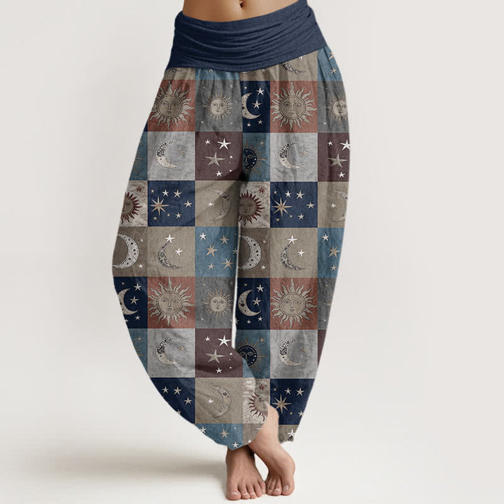 Buddha Stones Pantalones harem de algodón con estampado de retazos de sol y luna para mujer con cintura elástica. - Marina de guerra - US16，UK/AU20，EU48 (3XL) - image 5