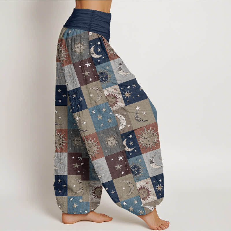 Buddha Stones Pantalones harem de algodón con estampado de retazos de sol y luna para mujer con cintura elástica. - image 6