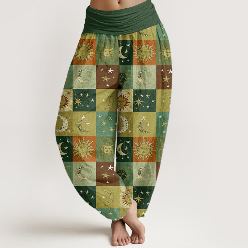 Buddha Stones Pantalones harem de algodón con estampado de retazos de sol y luna para mujer con cintura elástica. - Verdemar - US16，UK/AU20，EU48 (3XL) - image 8