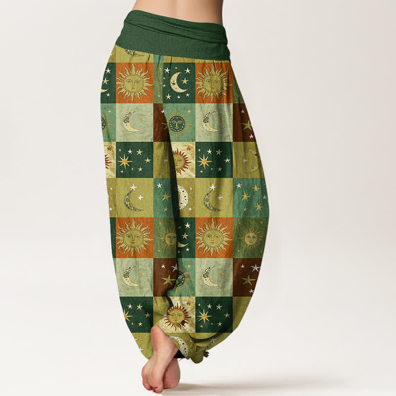 Buddha Stones Pantalones harem de algodón con estampado de retazos de sol y luna para mujer con cintura elástica. - image 10