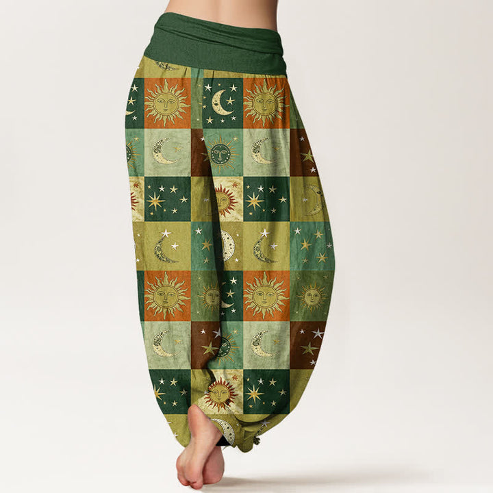Buddha Stones Pantalones harem de algodón con estampado de retazos de sol y luna para mujer con cintura elástica. - image 10