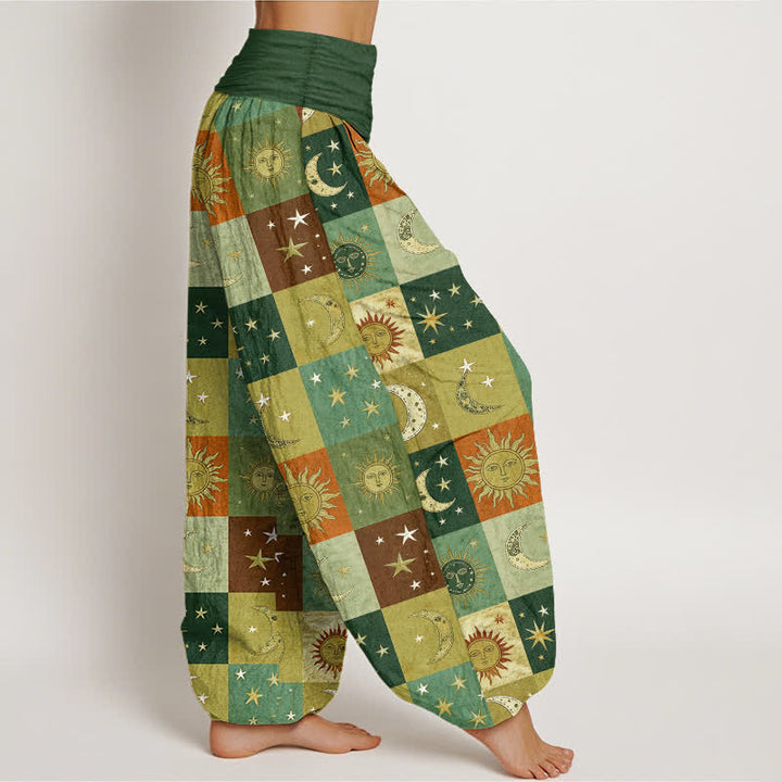 Buddha Stones Pantalones harem de algodón con estampado de retazos de sol y luna para mujer con cintura elástica. - image 9
