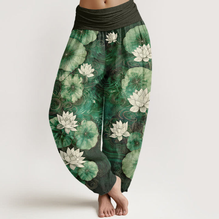 Buddha Stones Pantalones harem de mujer con cintura elástica y estampado de estanque de lotos de algodón. - Verdemar - US16，UK/AU20，EU48 (3XL) - image 0
