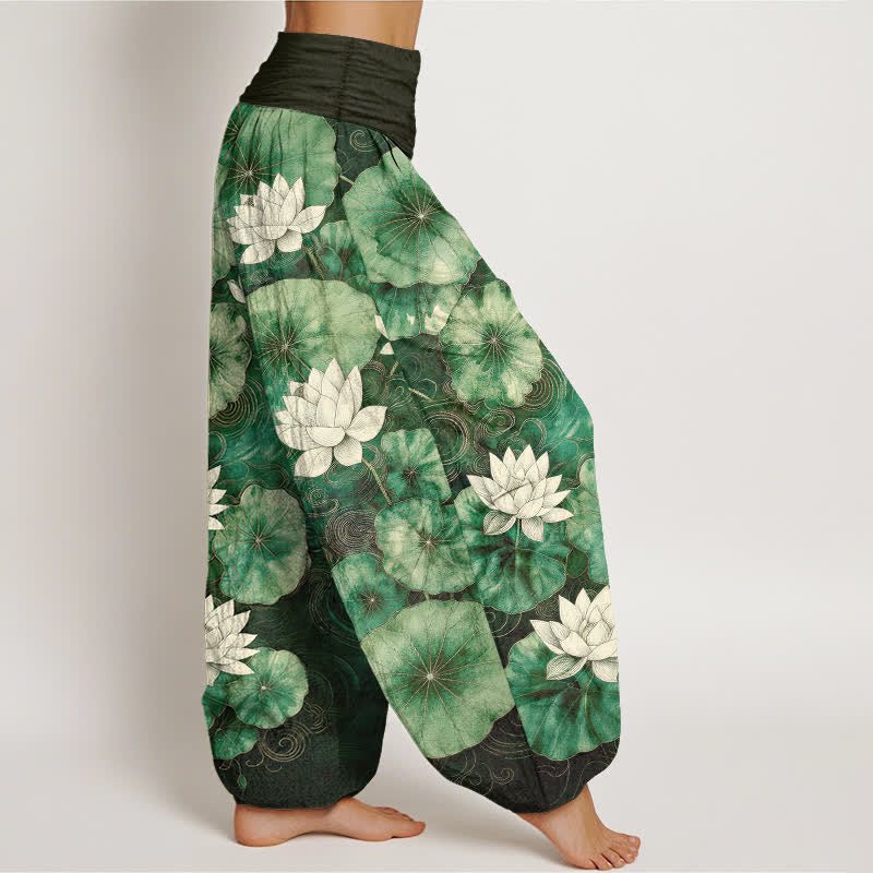 Buddha Stones Pantalones harem de mujer con cintura elástica y estampado de estanque de lotos de algodón. - image 1