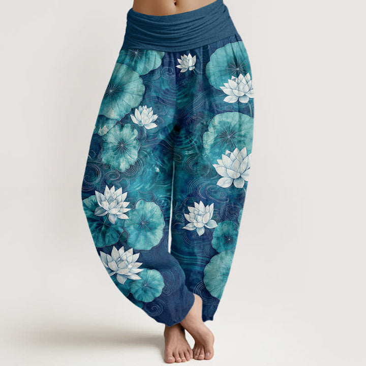 Buddha Stones Pantalones harem de mujer con cintura elástica y estampado de estanque de lotos de algodón. - Verde azulado - US16，UK/AU20，EU48 (3XL) - image 5