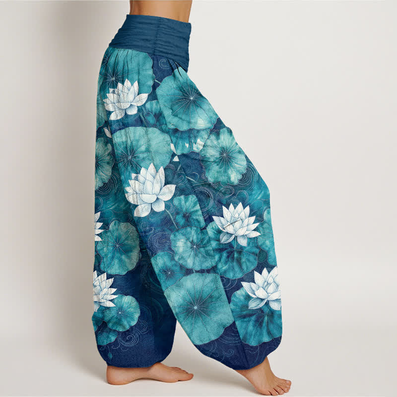 Buddha Stones Pantalones harem de mujer con cintura elástica y estampado de estanque de lotos de algodón. - image 6