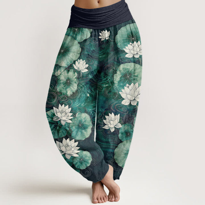 Buddha Stones Pantalones harem de mujer con cintura elástica y estampado de estanque de lotos de algodón. - Marina de guerra - US16，UK/AU20，EU48 (3XL) - image 8