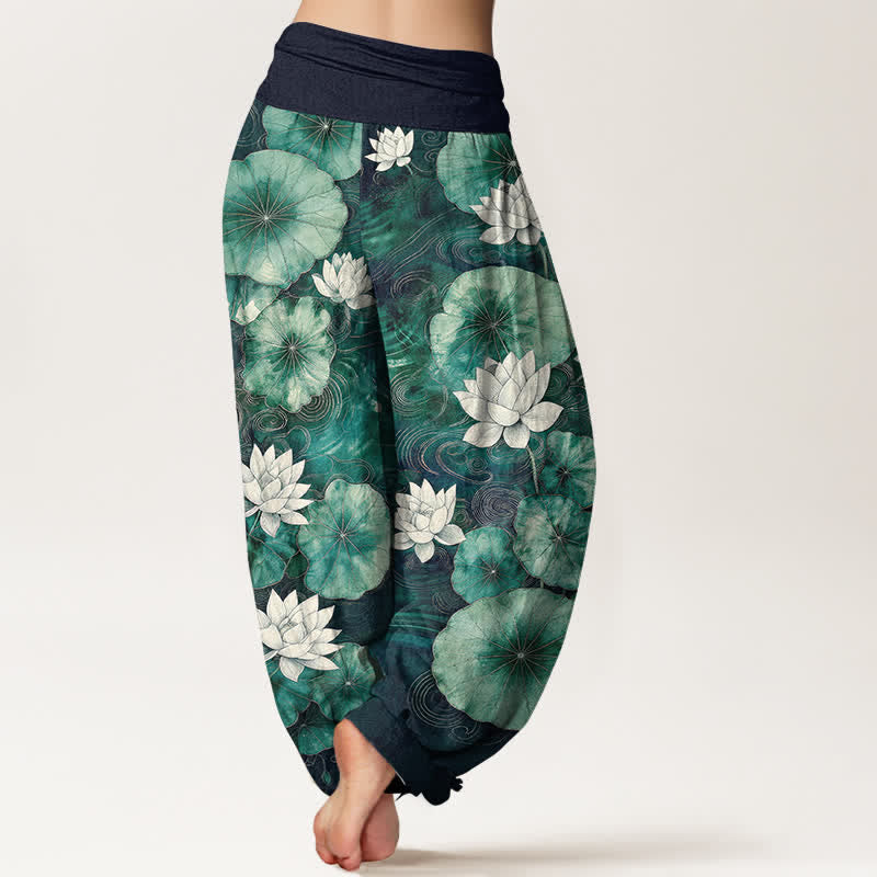 Buddha Stones Pantalones harem de mujer con cintura elástica y estampado de estanque de lotos de algodón. - image 10