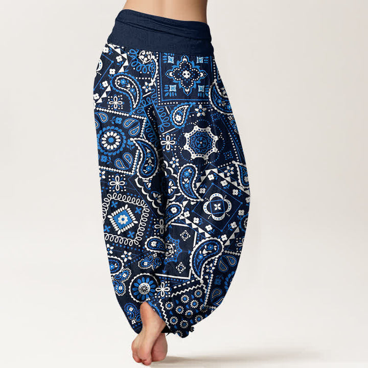 Buddha Stones Pantalones harem de algodón con estampado de patchwork de cachemir para mujer con cintura elástica. - image 2