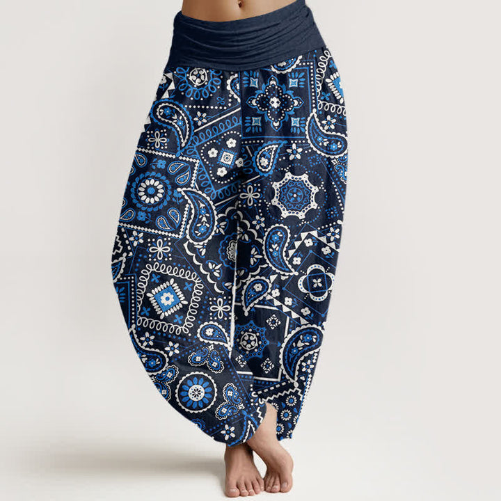 Buddha Stones Pantalones harem de algodón con estampado de patchwork de cachemir para mujer con cintura elástica. - Marina de guerra - US16，UK/AU20，EU48 (3XL) - image 0