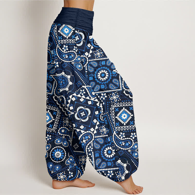 Buddha Stones Pantalones harem de algodón con estampado de patchwork de cachemir para mujer con cintura elástica. - image 1