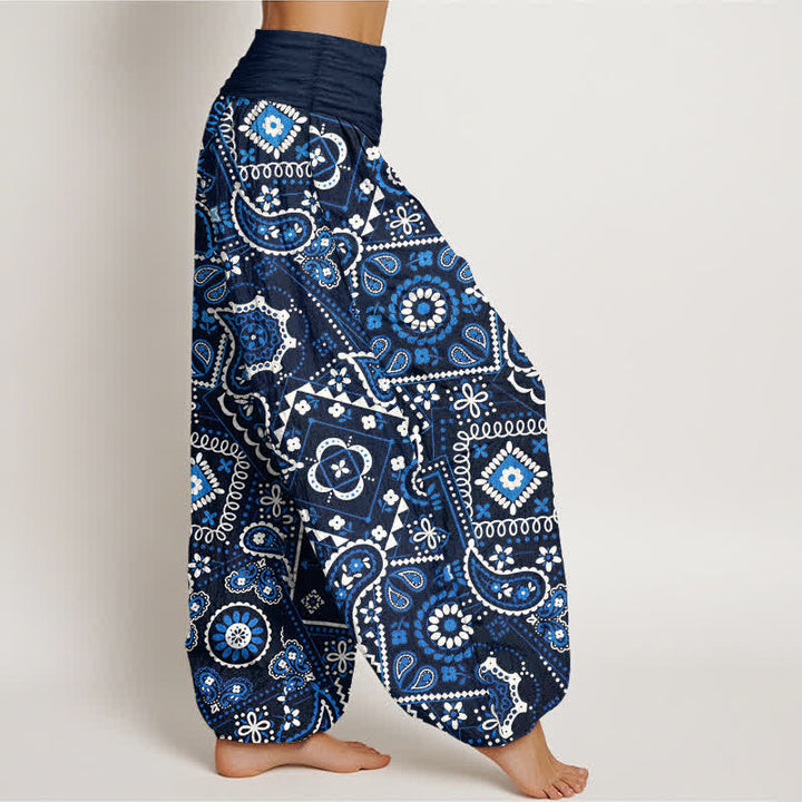 Buddha Stones Pantalones harem de algodón con estampado de patchwork de cachemir para mujer con cintura elástica. - image 1