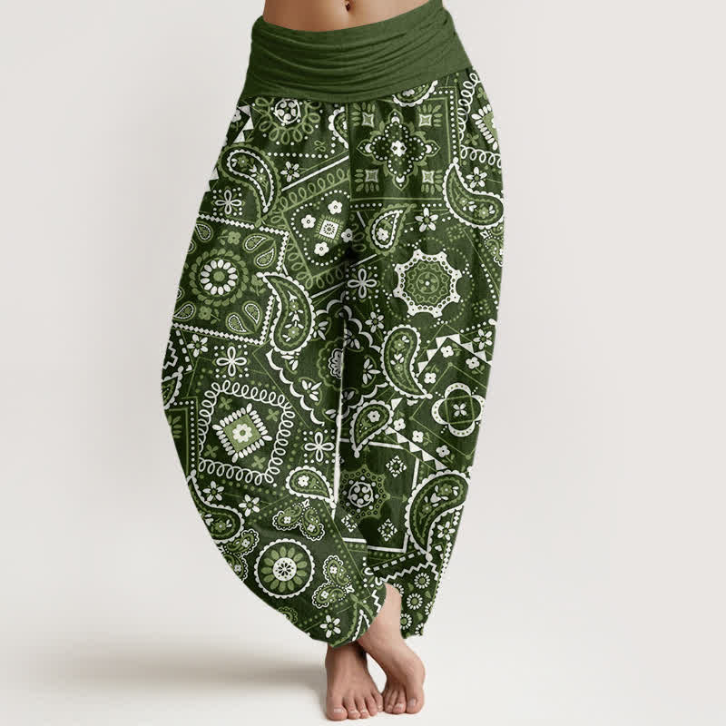 Buddha Stones Pantalones harem de algodón con estampado de patchwork de cachemir para mujer con cintura elástica. - Verde oliva oscuro - US16，UK/AU20，EU48 (3XL) - image 5