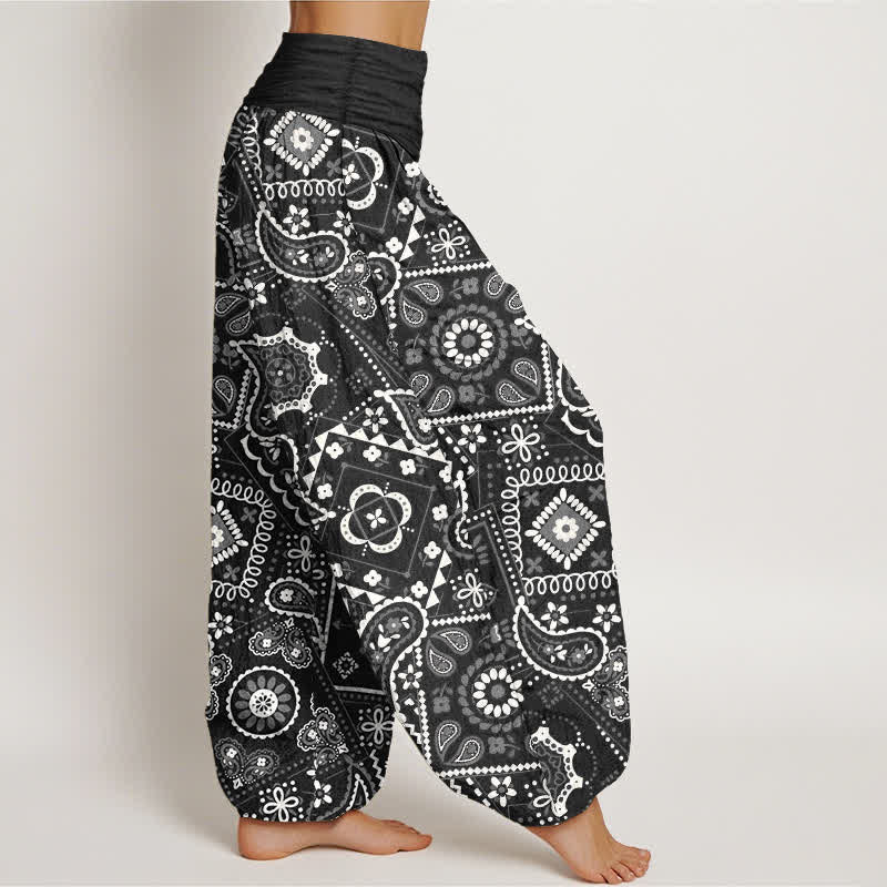 Buddha Stones Pantalones harem de algodón con estampado de patchwork de cachemir para mujer con cintura elástica. - image 9