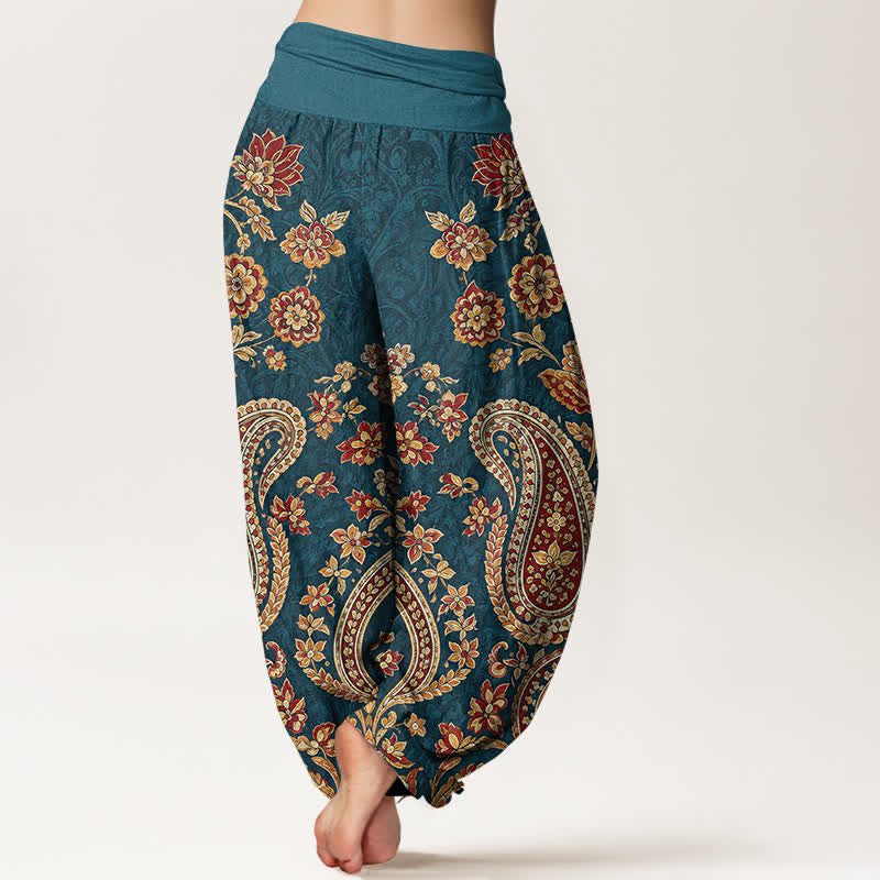 Buddha Stones Pantalones harem de algodón con estampado floral paisley para mujer con cintura elástica. - image 2