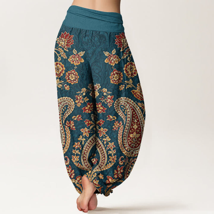 Buddha Stones Pantalones harem de algodón con estampado floral paisley para mujer con cintura elástica. - image 2