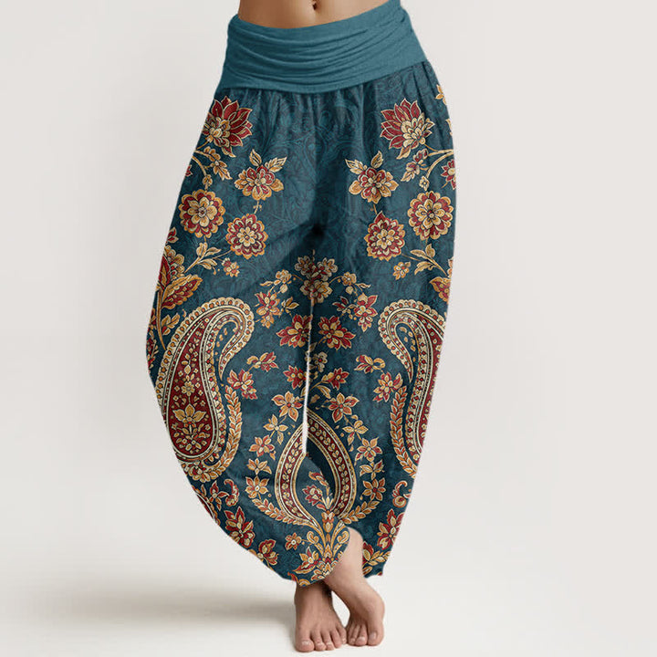 Buddha Stones Pantalones harem de algodón con estampado floral paisley para mujer con cintura elástica. - Verde azulado - US16，UK/AU20，EU48 (3XL) - image 0