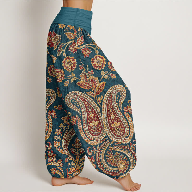 Buddha Stones Pantalones harem de algodón con estampado floral paisley para mujer con cintura elástica. - image 1