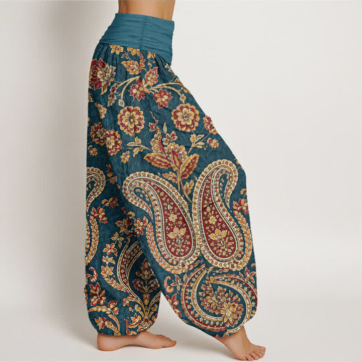 Buddha Stones Pantalones harem de algodón con estampado floral paisley para mujer con cintura elástica. - image 1