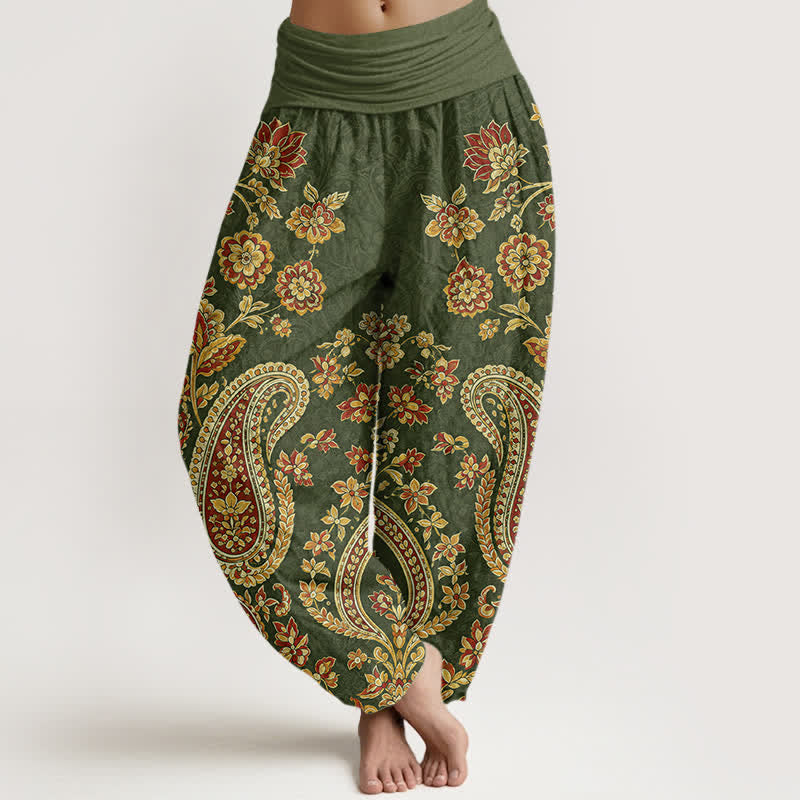 Buddha Stones Pantalones harem de algodón con estampado floral paisley para mujer con cintura elástica. - Verde oliva oscuro - US16，UK/AU20，EU48 (3XL) - image 5