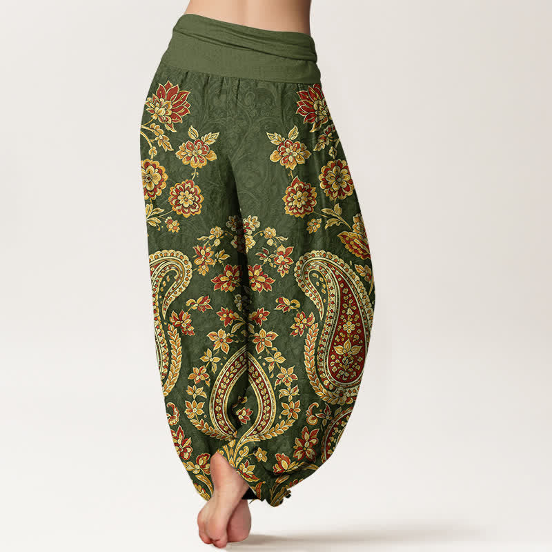 Buddha Stones Pantalones harem de algodón con estampado floral paisley para mujer con cintura elástica. - image 7
