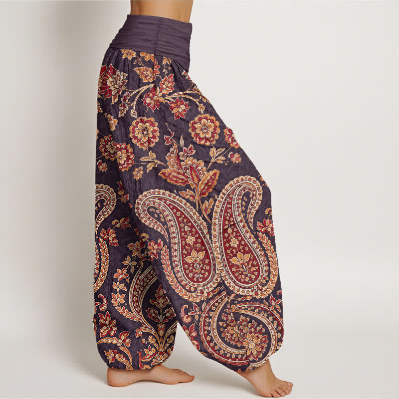 Buddha Stones Pantalones harem de algodón con estampado floral paisley para mujer con cintura elástica. - image 9