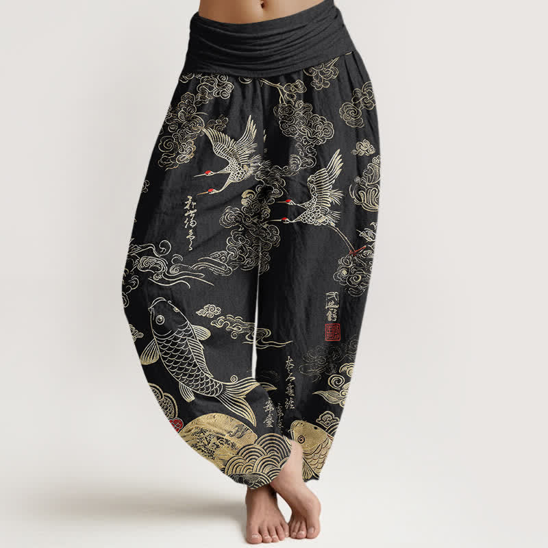 Buddha Stones Pantalones harem de mujer con cintura elástica y estampado de grullas, peces koi y nubes, de algodón. - Negro - US16，UK/AU20，EU48 (3XL) - image 0